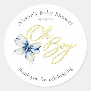 Blaue und goldene „Oh Boy“-Blumentypografie-Baby-P Runder Aufkleber
