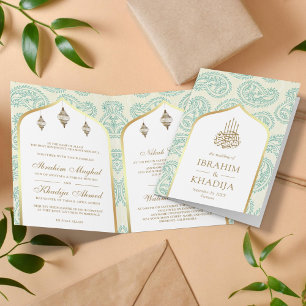 Blaue und goldene Paisley-QR-Code-Muslim-Hochzeit Einladung