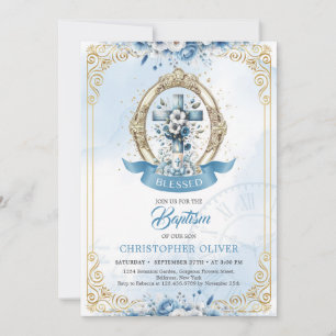 Blaue und goldene rustikale Holzkreuz Taufe Einladung