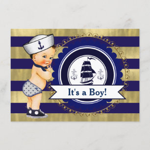Blaue und goldene Segler-Nautical-Baby-Party Einladung
