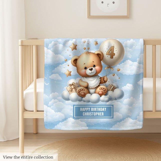 Blaue und goldene Teddydecke zum 4. Geburtstag Fleecedecke (Blue and gold teddy blanket for 4th birthday gift)