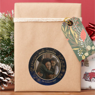 Blaue und goldene Vintage-Schneeflocken Weihnachts Runder Aufkleber