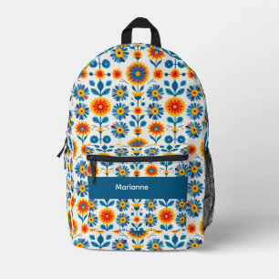 Blaue und goldene Volkskunstblumen Bedruckter Rucksack