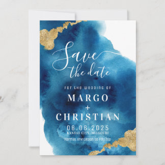 Blaue und goldene Wasserfarbe Save the Date Einlad Einladung