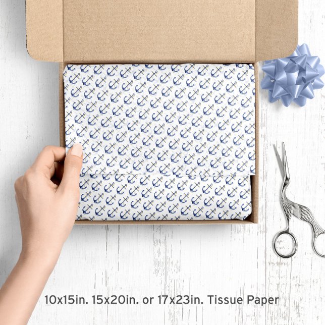 Blaue und goldene ⚓ Wasserfarben-Muster für Ankerz Seidenpapier (Blue & Gold ⚓ Watercolor Nautical Anchors Pattern Tissue Paper
)