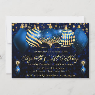 Blaue und goldene Weihnachtsbaumkugeln 21. Geburts Einladung