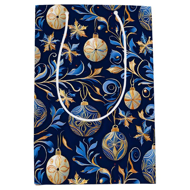 Blaue und goldene Weihnachtsdesigns Mittlere Geschenktüte (Vorderseite)