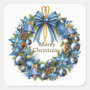 Blaue und goldene Weihnachtsgirlande Quadratischer Aufkleber