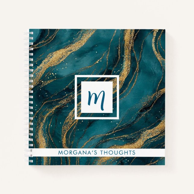 Blaue und goldene Wirbel Monogramm Quadrat Notizbuch (Vorderseite)