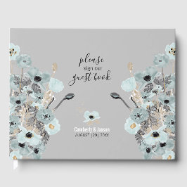 Blaue und graue Aquarellblütenpfeifen Hochzeiten Gästebuch