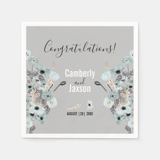 Blaue und graue Aquarellblütenpfeifen Hochzeiten Serviette (Vorderseite)