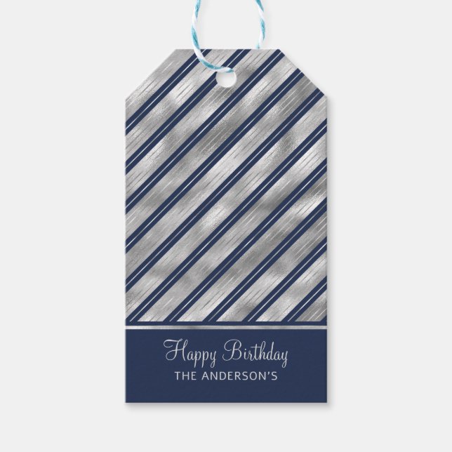 Blaue und graue glänzende Streifen Geschenkanhänger (Vorderseite)