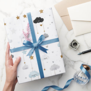 Blaue und graue lächelnde Wolken goldene Sterne Geschenkpapier