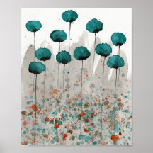 Blaue und Graue Mohnblumen, Aquarell-Blumen-Wand