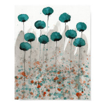 Blaue und Graue Mohnblumen, Aquarell-Blumen-Wand