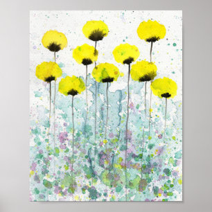 Blaue und Graue Mohnblumen, Aquarell-Blumen-Wand Poster