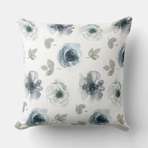 Blaue und graue Wasserfarben-Blumen-Wurfkissen Kissen