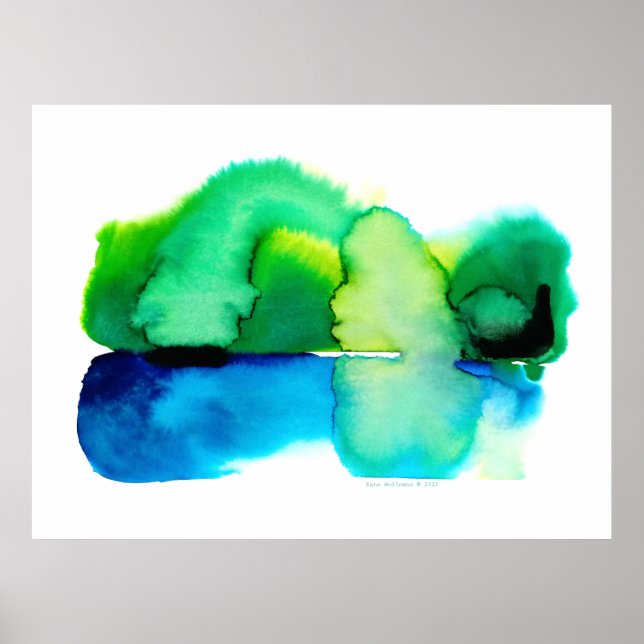 Blaue und grüne Abstrakte Wasserfarbenlandschaft Poster (Vorne)