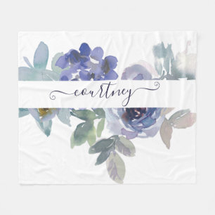 Blaue und grüne Aquarell-Blumen personalisiert  Fleecedecke