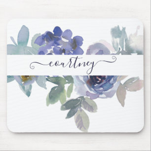Blaue und grüne Aquarell-Blumen personalisiert Mousepad