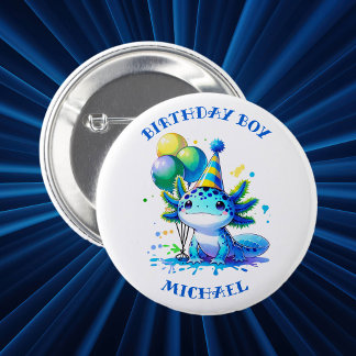 Blaue und grüne Axolotl-Junge zum Geburtstag Button