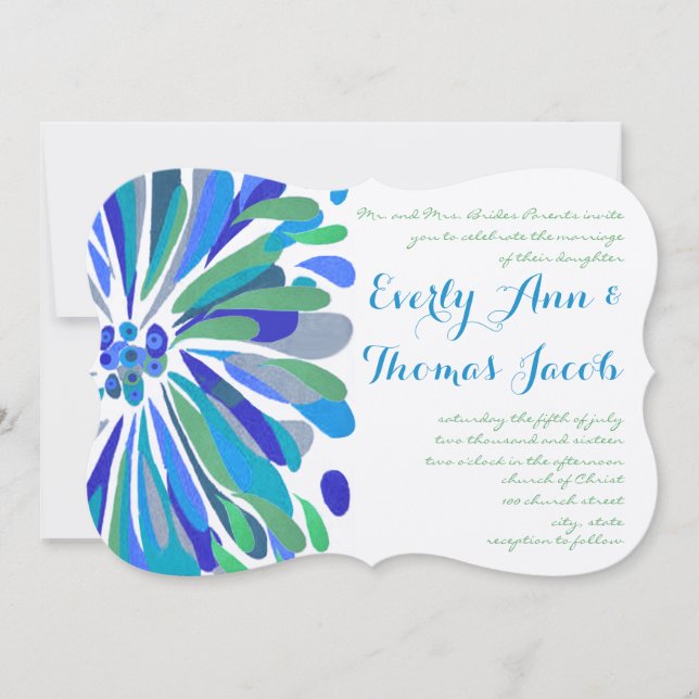 Blaue und grüne Chrysanthemum Hochzeitseinladung Einladung (Vorderseite)