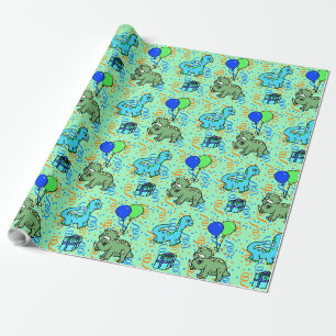 Blaue und grüne Confetti Dinosaurier zum Geburtsta Geschenkpapier
