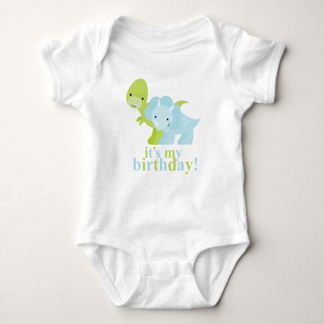 Blaue und grüne Dinosaurier-Geburtstag Baby Strampler (Vorderseite)
