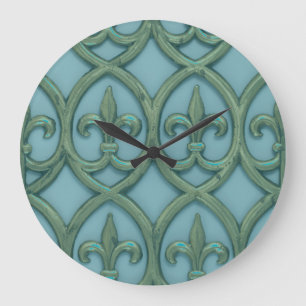 Blaue und grüne Fleur-de-lis Große Wanduhr
