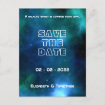 Blaue und grüne Galaxie-Hochzeit retten das Datum
