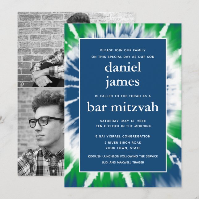Blaue und grüne Gefärbte Krawatte Bar Mitzvah Foto Einladung (Vorne/Hinten)