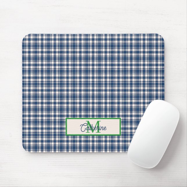 Blaue und grüne Gingham-Karo-Tartan-Monogramm Mousepad (Mit Mouse)