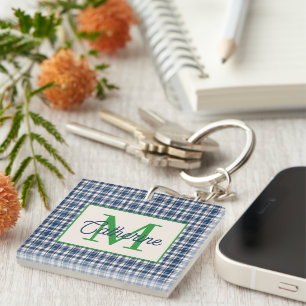 Blaue und grüne Gingham-Karo-Tartan-Monogramm Schlüsselanhänger