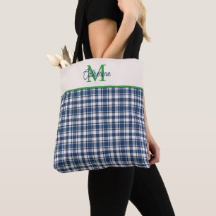 Blaue und grüne Gingham-Karo-Tartan-Monogramm Tasche