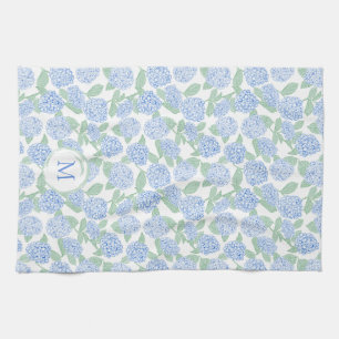 Blaue und Grüne Hortensien-Blumenmuster-Monogramm Geschirrtuch