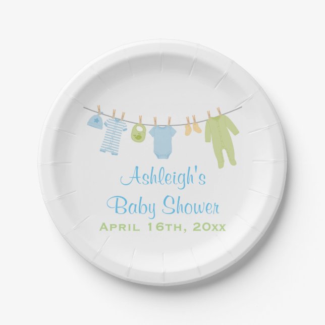 Blaue und grüne kleine Kleidungs-Babyparty Pappteller (Vorderseite)