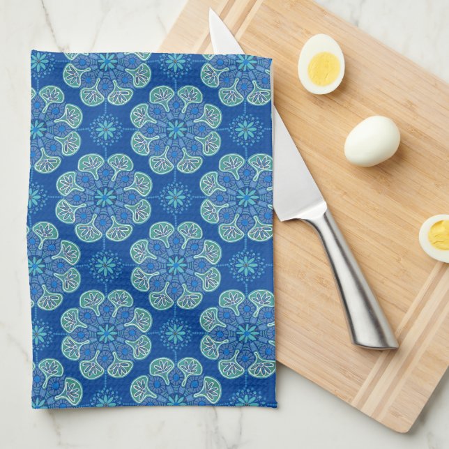 blaue und grüne Medaillons Geschirrtuch (Viertel Falte)