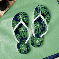 Blaue und grüne Mit Monogramm Monstera-Blätter