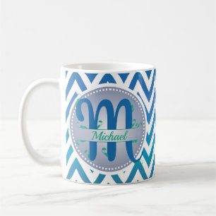 Blaue und grüne Ombre-Chevron-Muster-Monogramm Kaffeetasse