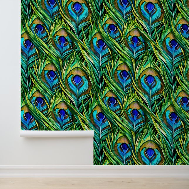 Blaue und grüne Pfauenfeathers Collage Tapete (Anwendung)