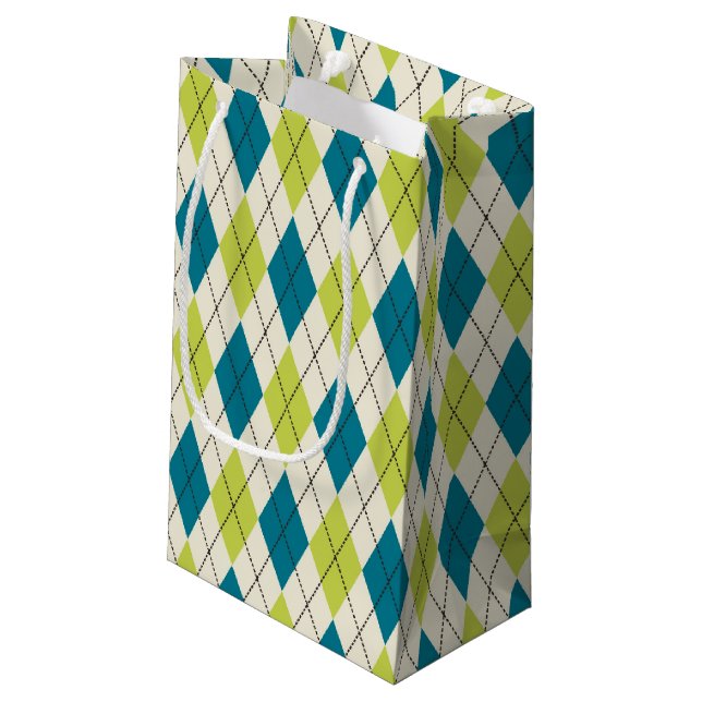 Blaue und grüne Raute Kleine Geschenktüte (Rückseite Schrägansicht)