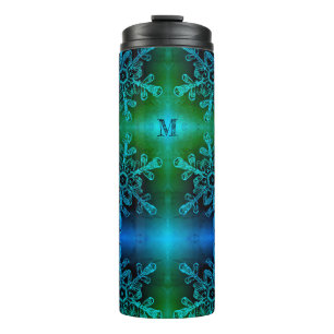 Blaue und grüne Schneeflocken-Monogramm-Thermaltu Thermosbecher