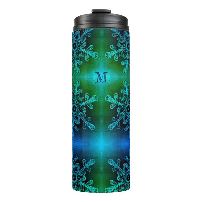 Blaue und grüne Schneeflocken-Monogramm-Thermaltum Thermosbecher (Vorderseite)