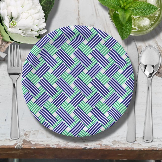 Blaue und grüne Streifen Pappteller (Blue and green diagonal stripes paper plates)
