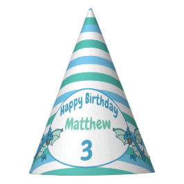 Blaue und grüne Streifen und Drachendinosaurier Partyhütchen
