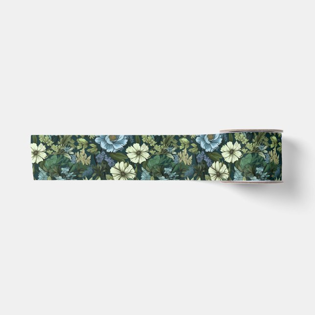 Blaue und grüne Viktorianische Wildblumen Satinband (Vorderseite)