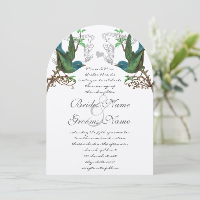 Blaue und grüne Vintage Vögel - Hochzeitsempfang Einladung (Stehend Vorderseite)