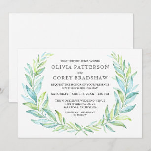 Blaue und grüne Wasserfarbe Laurel Wreath Hochzeit Einladung