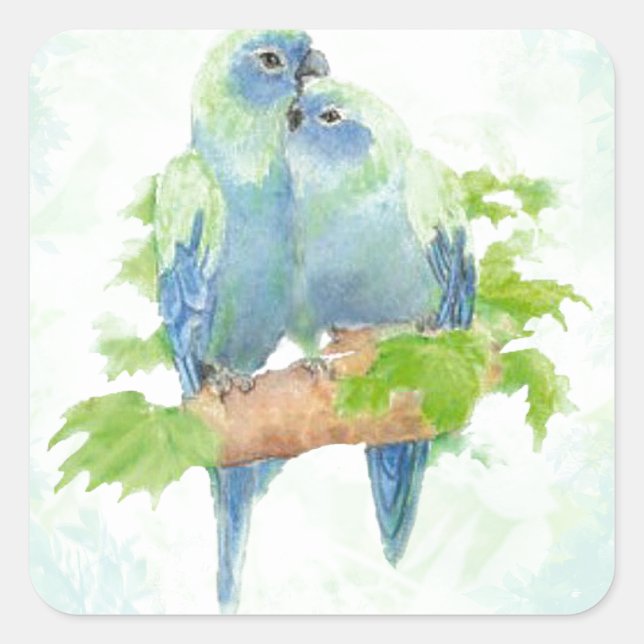 Blaue und grüne Wasserfarbe Tropische Papageienvög Quadratischer Aufkleber (Vorderseite)