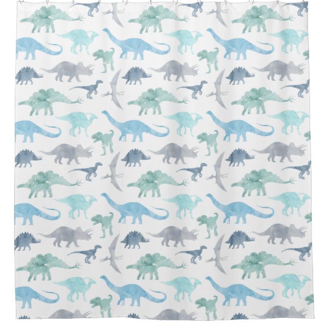 Blaue und grüne Wasserfarbendinosaurier  Duschvorhang (Vorderseite)